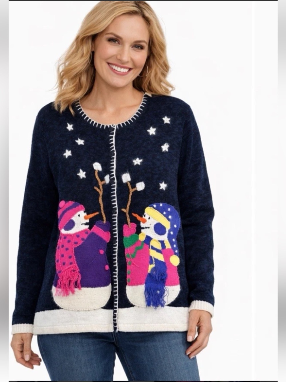 NWT The Quaker Factory Angora Blend Snowmen Cardigan Size M.